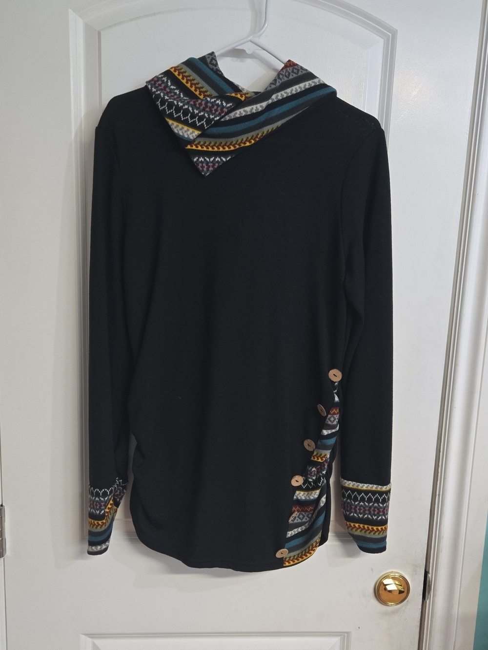🌞Black Hooded Sweater with Patterned Trim J-XL
